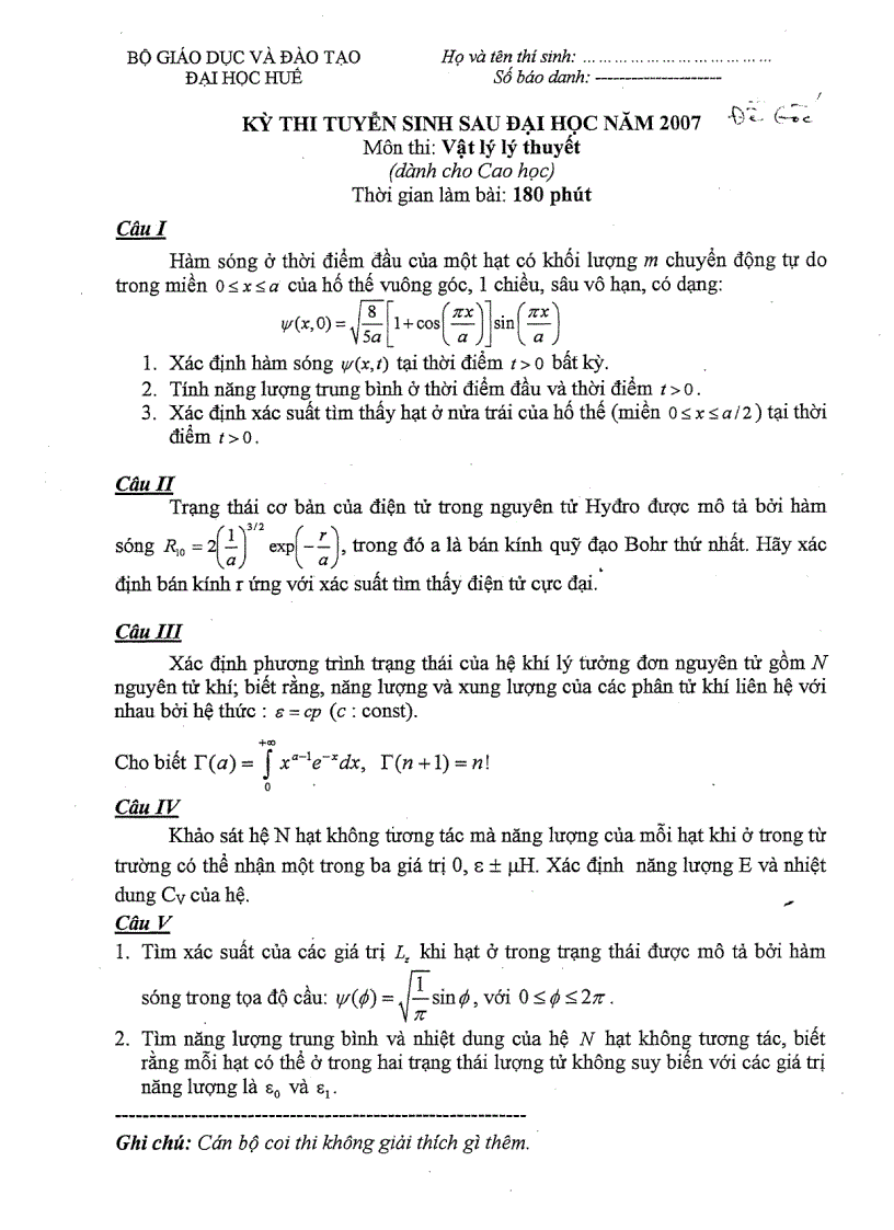 Đêt thi cao học vl lý thuyết 1