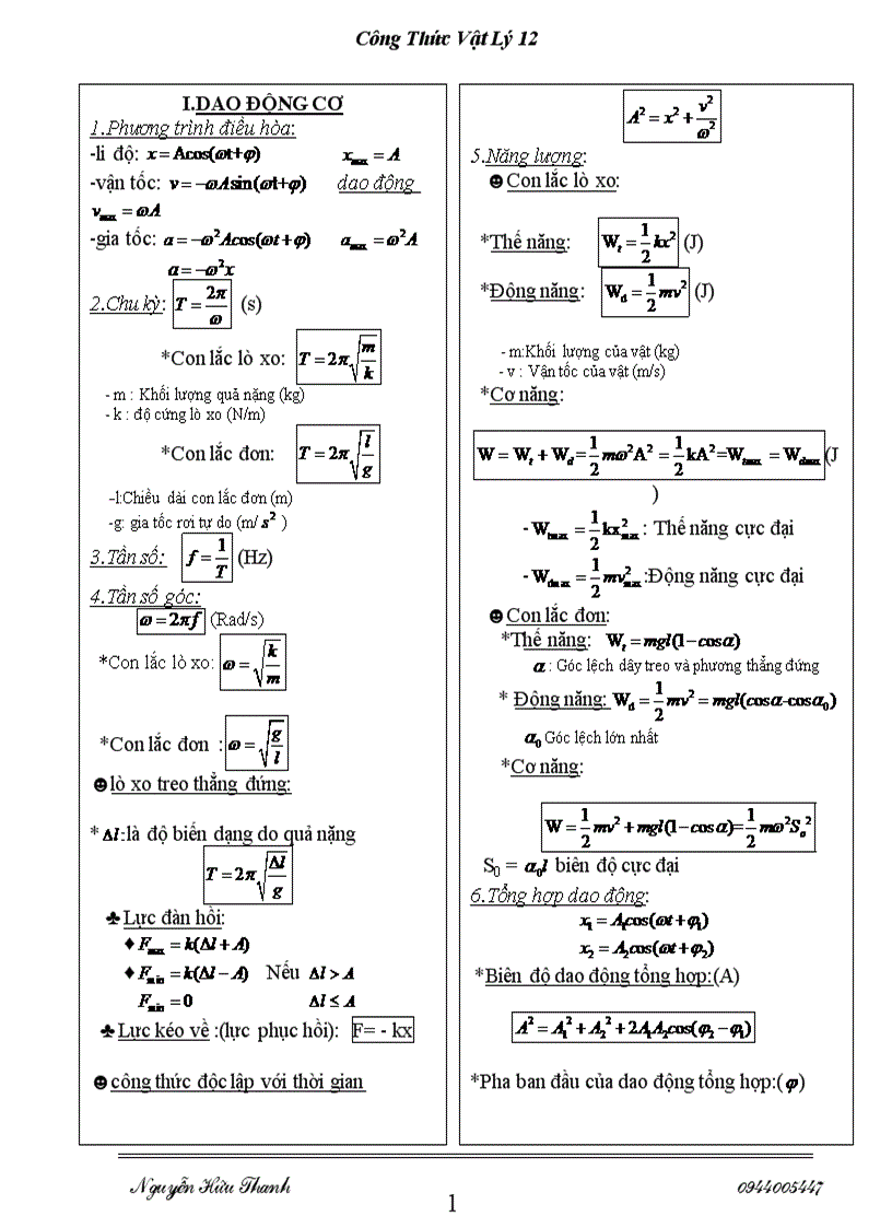 Toàn Bộ Công Thức Vật Lý 12