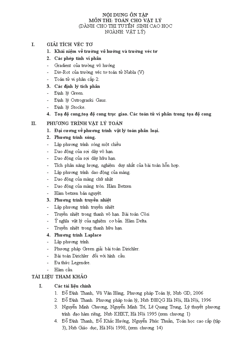 Nội dung ôn thi cao học ngành Vật lý