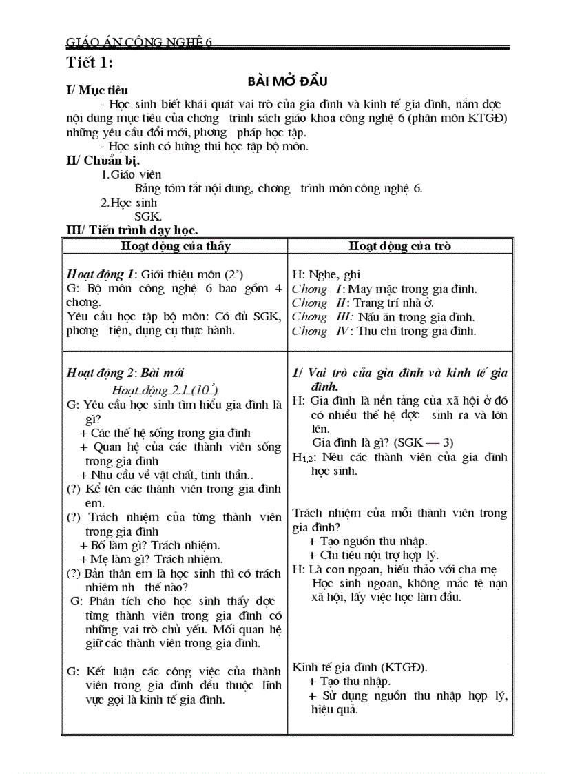 Giáo án Công nghệ 6 mới 1