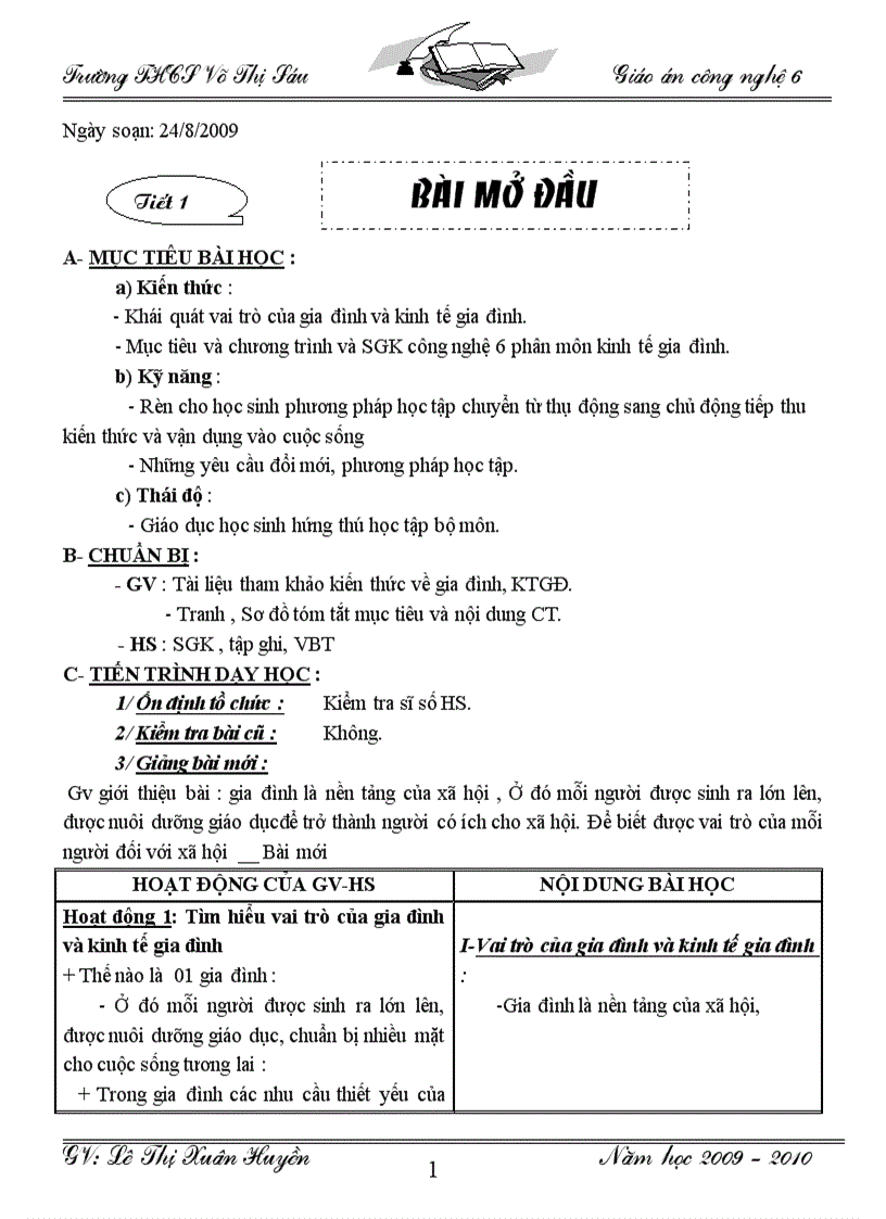 Giáo án công nghệ 6 tiết 1 đến tiết 50