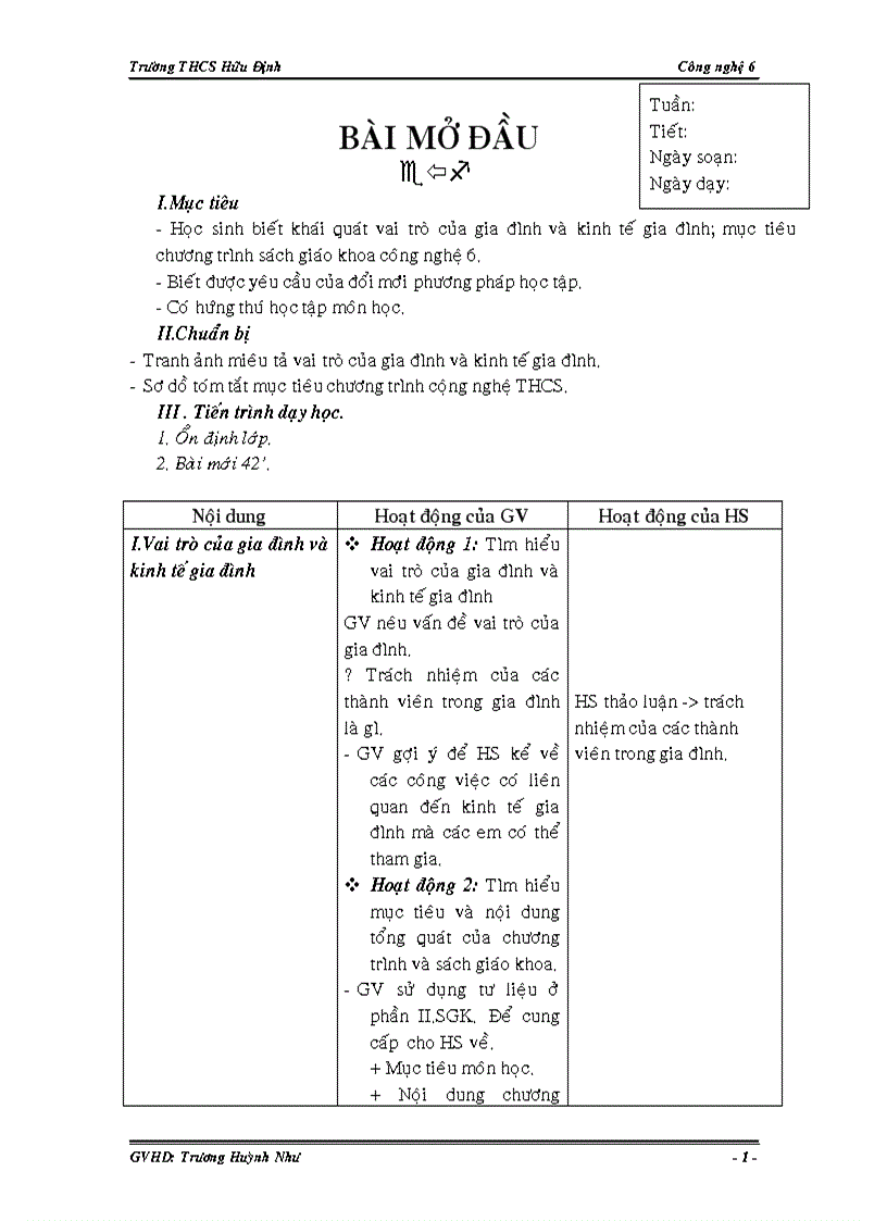 Giáo án công nghệ 6 HK 1