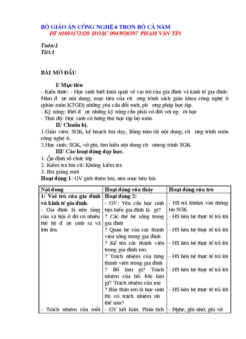 Giáo án Công nghệ 6 cả năm 3 cột