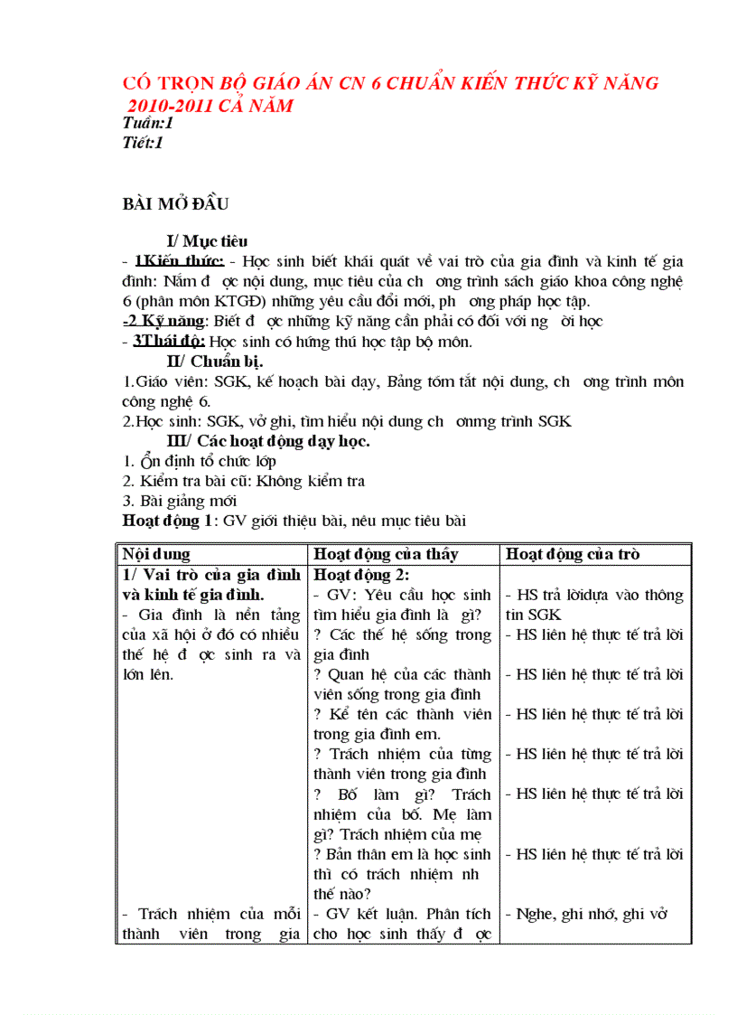 Giáo án Công nghệ 6 mới nhất 2010 2011