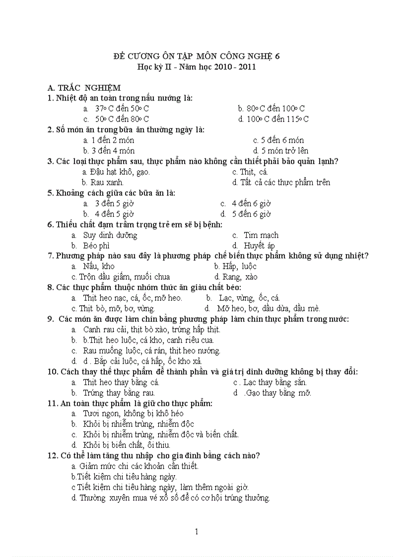 Đề cương Đề kiểm tra Công nghệ 6 HKII