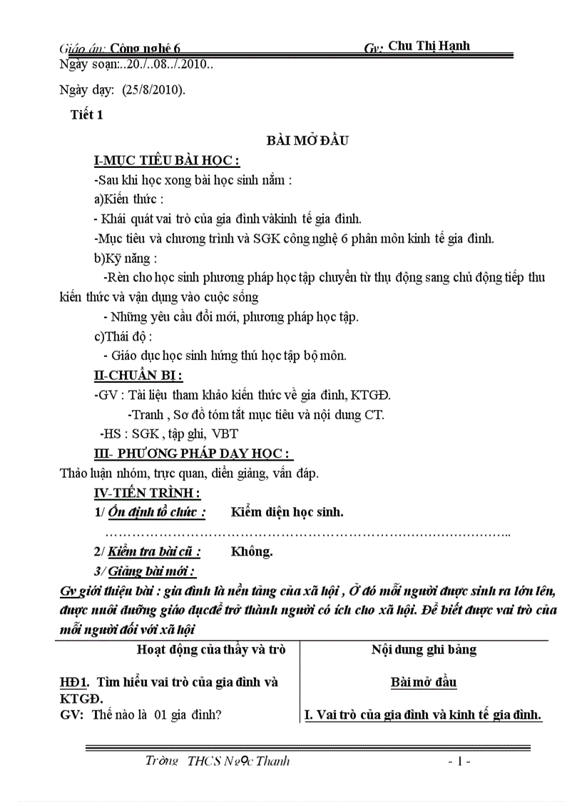 Giáo án Công Nghệ 6 Cả năm 1