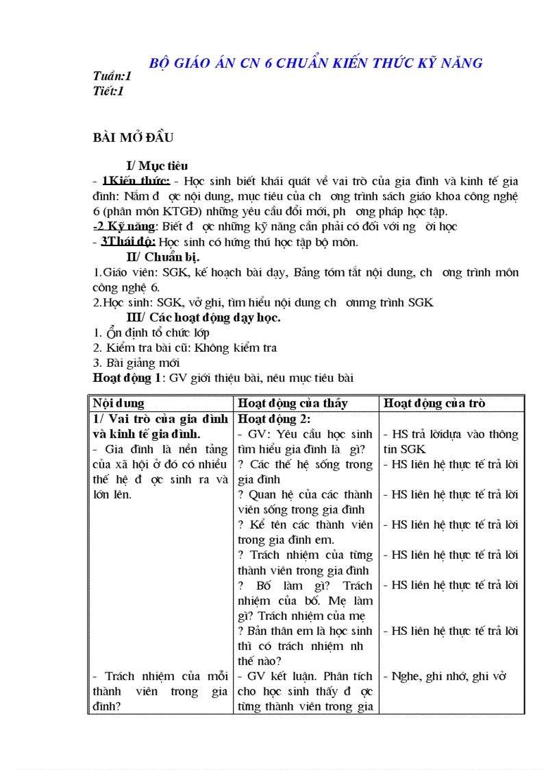 Giáo án Công nghệ 6 chuẩn mới 2011