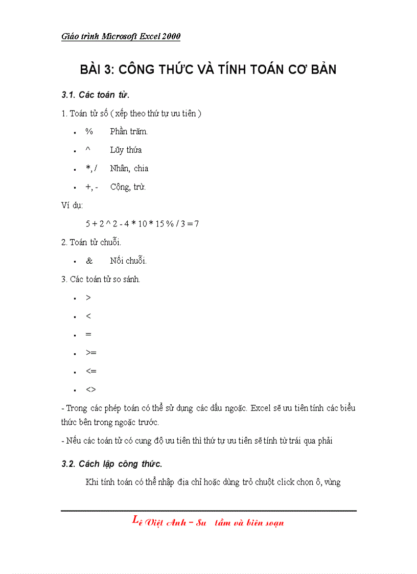 Giáo trình Excel 2000 bài 3