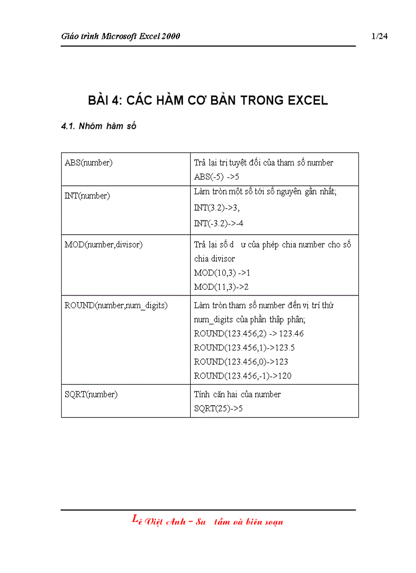 Giáo trình Excel 2000 bài 4