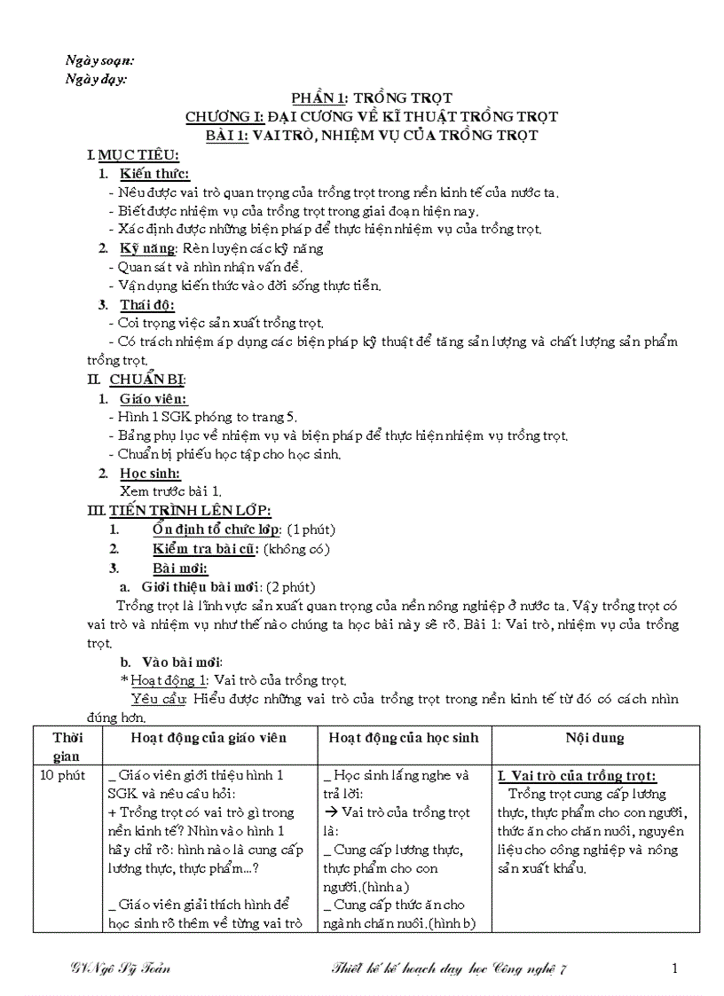 Giáo án công nghệ 7 trọn bộ 1