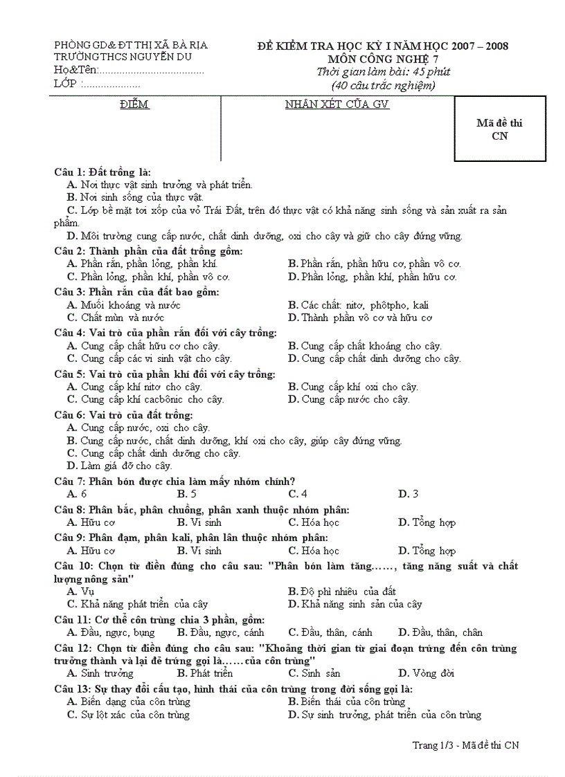 ĐỀ KIỂM TRA HK I Công nghệ 7