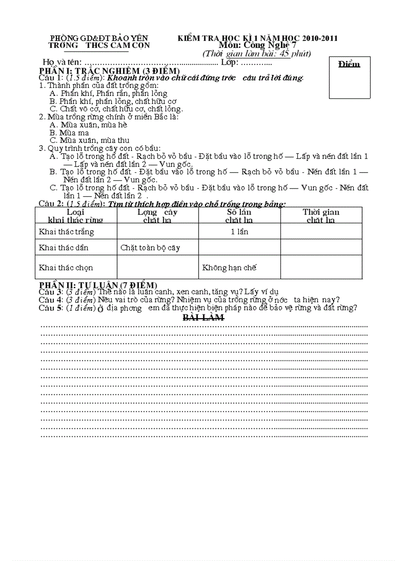 Đề kiểm tra kì 1 Công Nghệ 7