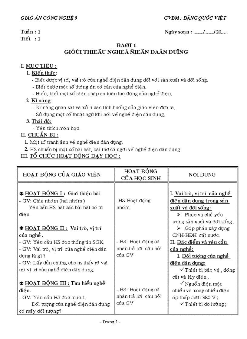 Giáo án CÔNG NGHỆ 9 2011