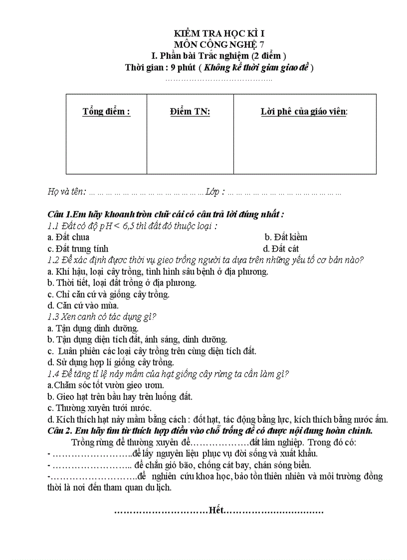 Đề kiểm tra công nghệ 7 hkI chuẩn
