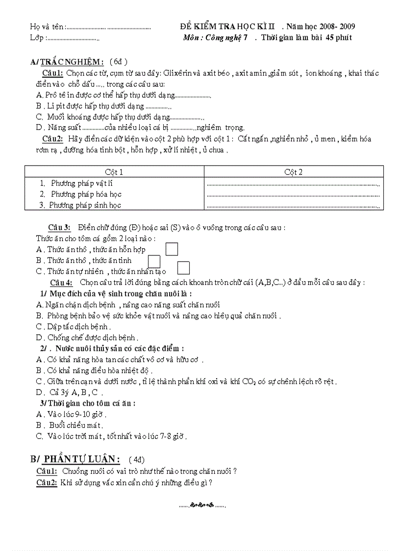 Đề kiểm tra HKII Công nghệ 7