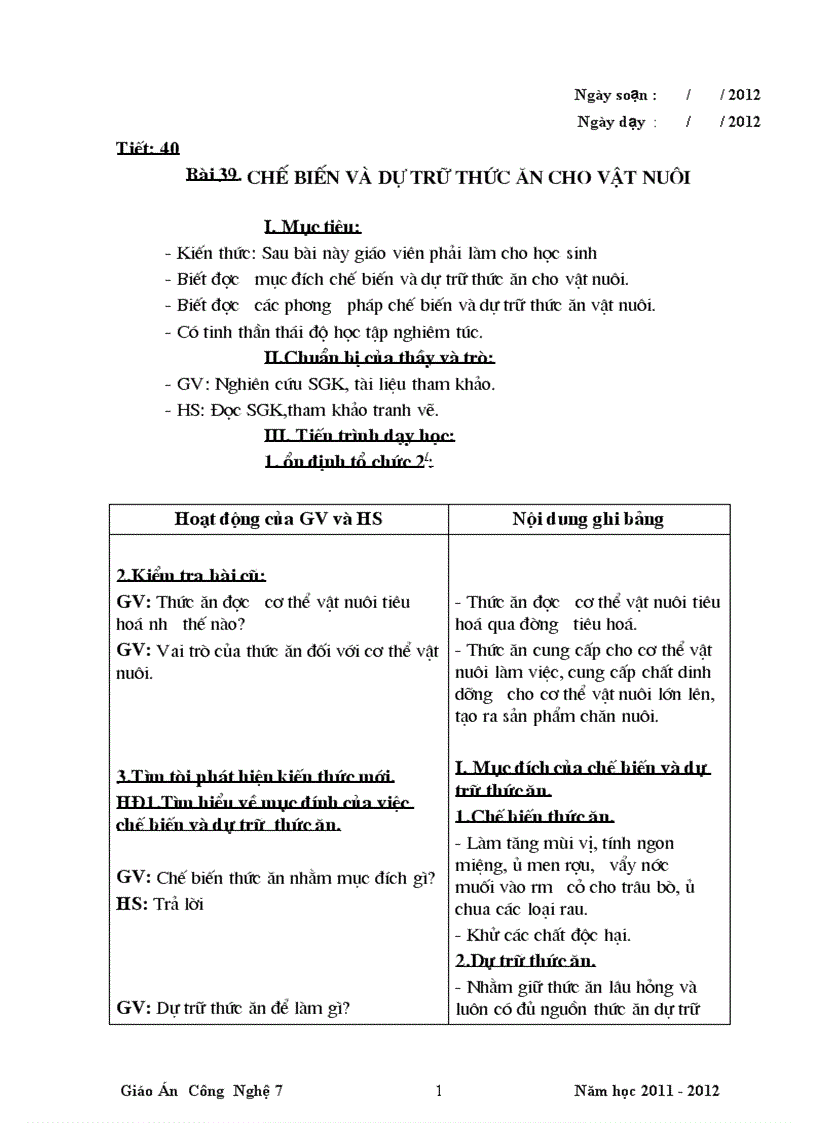 Giáo án công nghệ 7 cả năm chuân