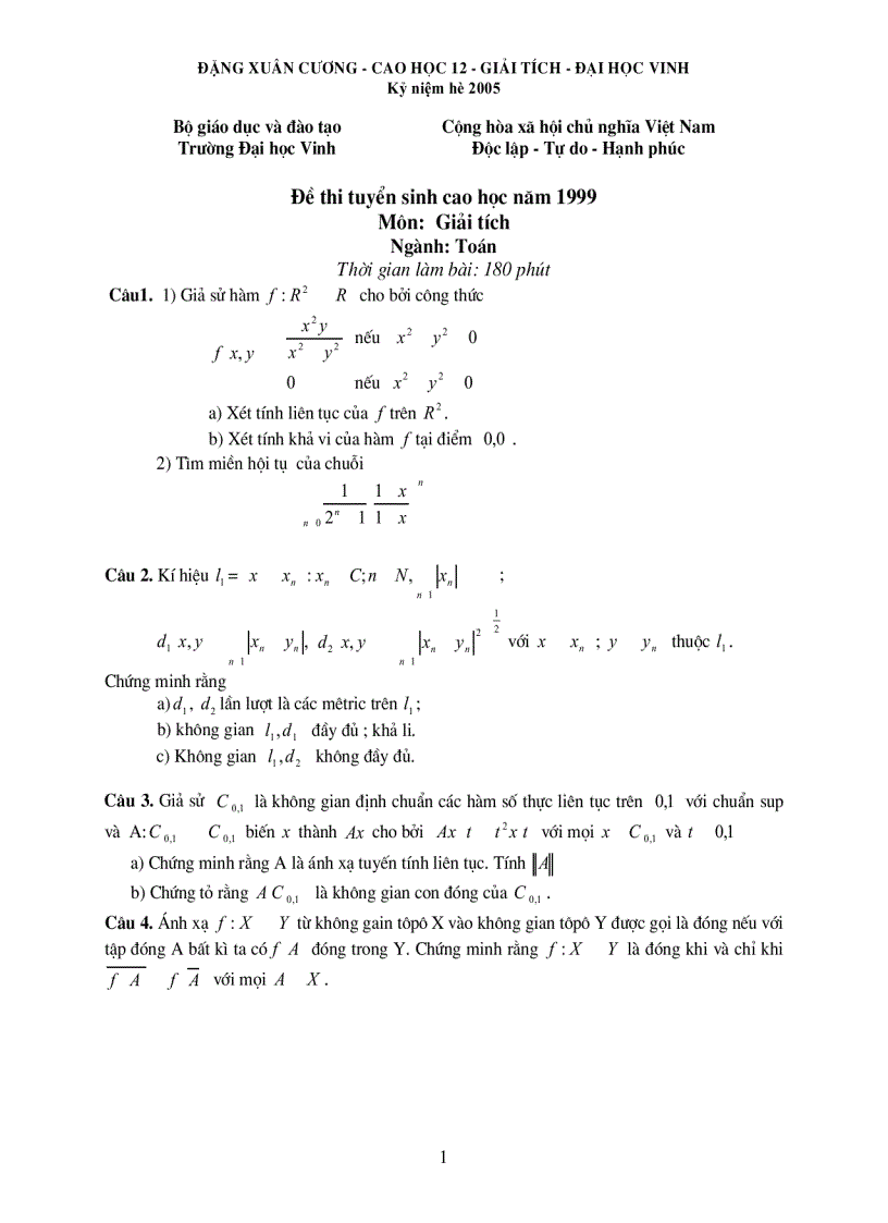 Đại số và giải tích TSSĐH ĐHSP Vinh 2001 2005