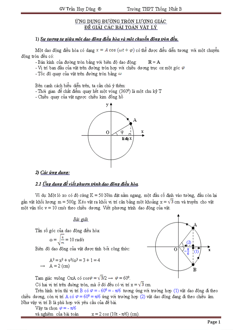 Cách sử sụng đường tròn lượng giác để giải nhanh bài tập dao động điều hòa 1