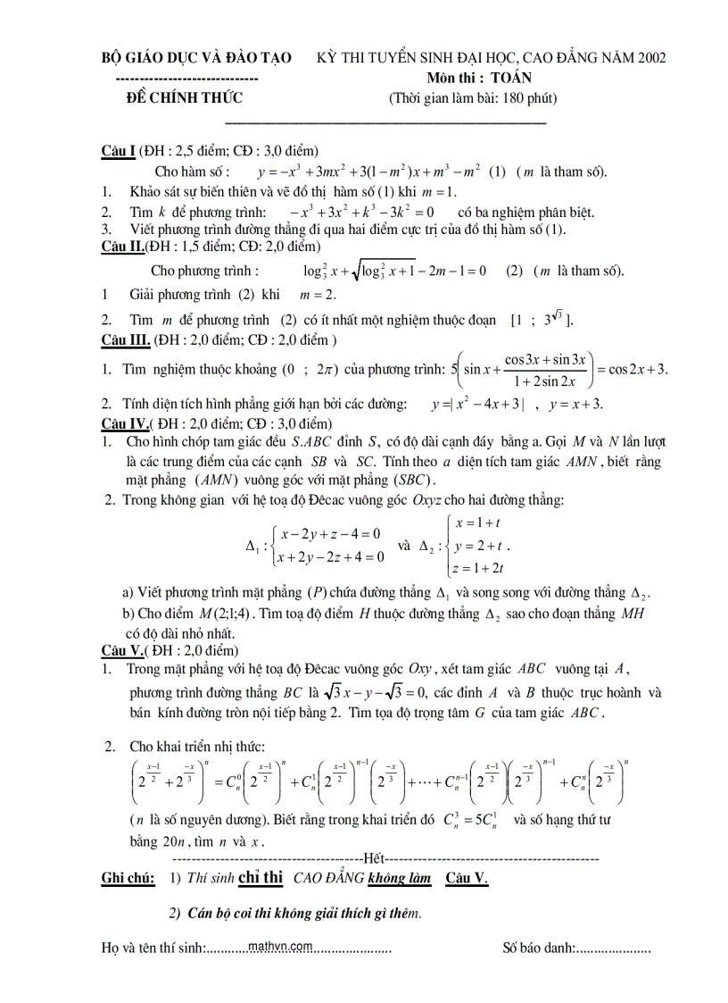 Đề thi ĐẠI HỌC môn Toán từ 2002 đến 2010 và đáp án 1