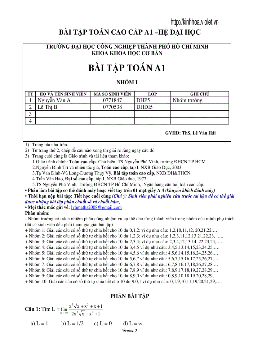 Bài tập toán A 1 1