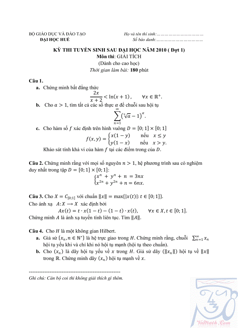 Đề thi cao học Huế 2010 Toán giải tích 1