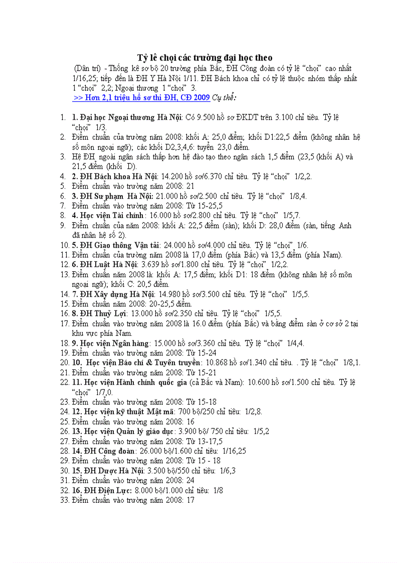 Tỷ lệ chọi các trường dại học năm 2009 1