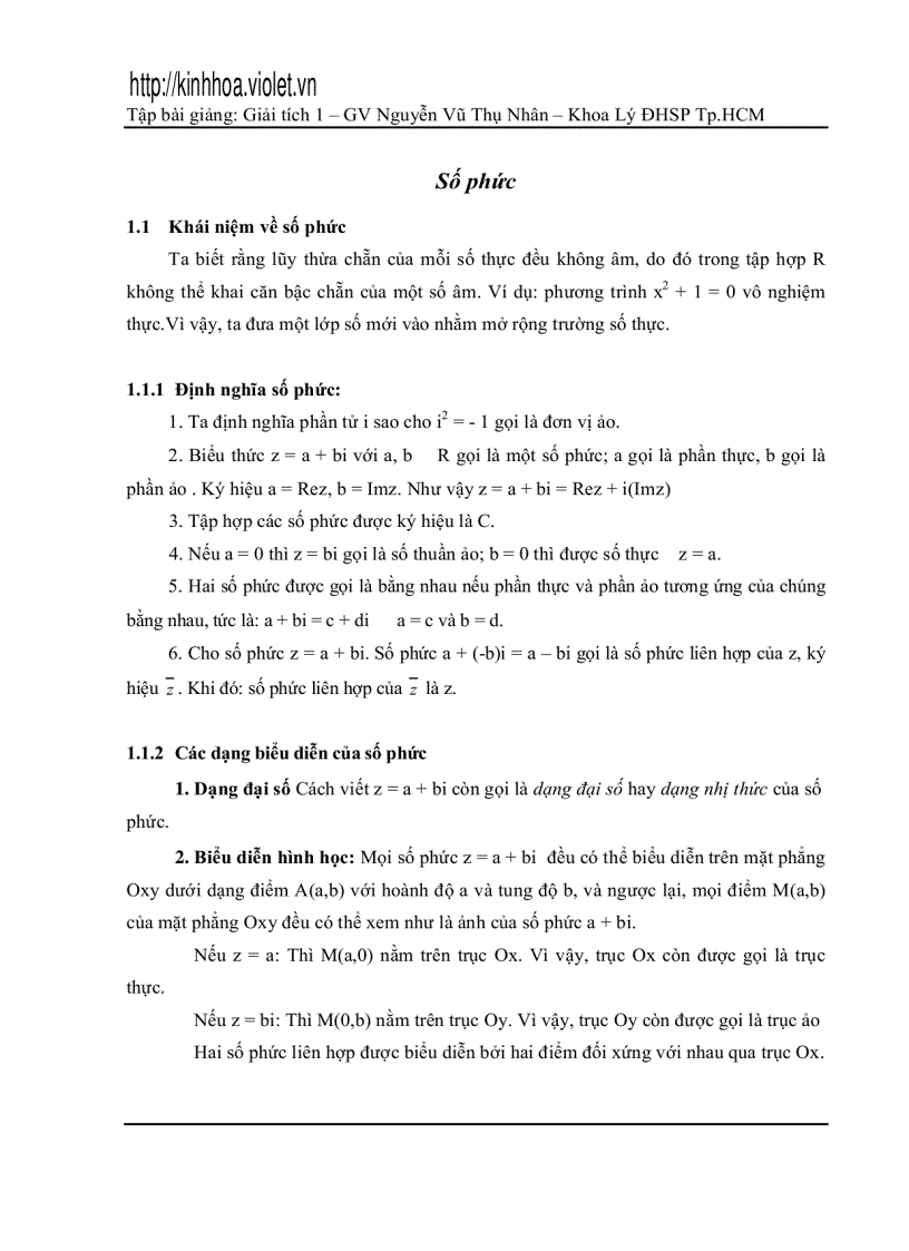 Bài giảng số phức và tích phân 1