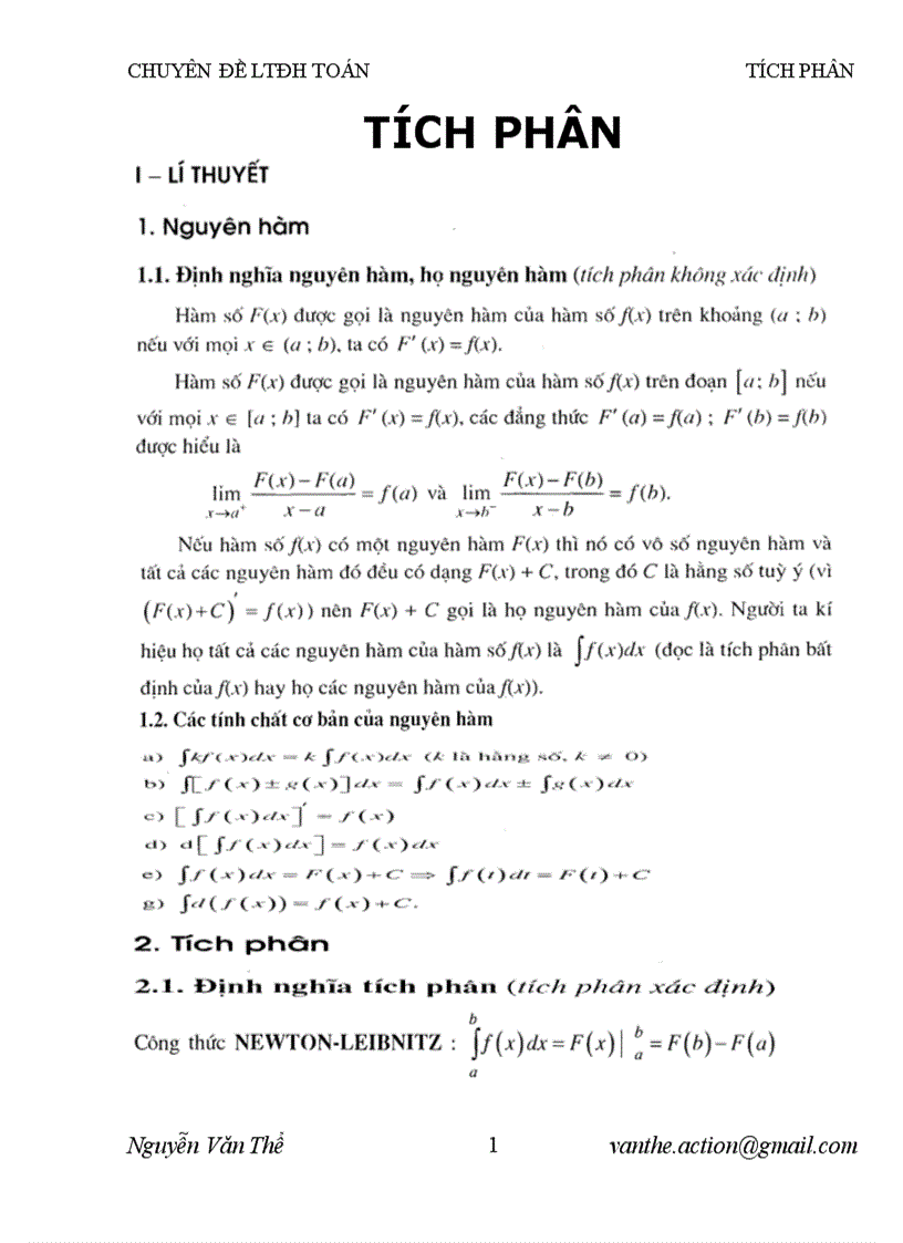 CHUYÊN ĐỀ LTĐH MÔN TOÁN Phần tích phân 1