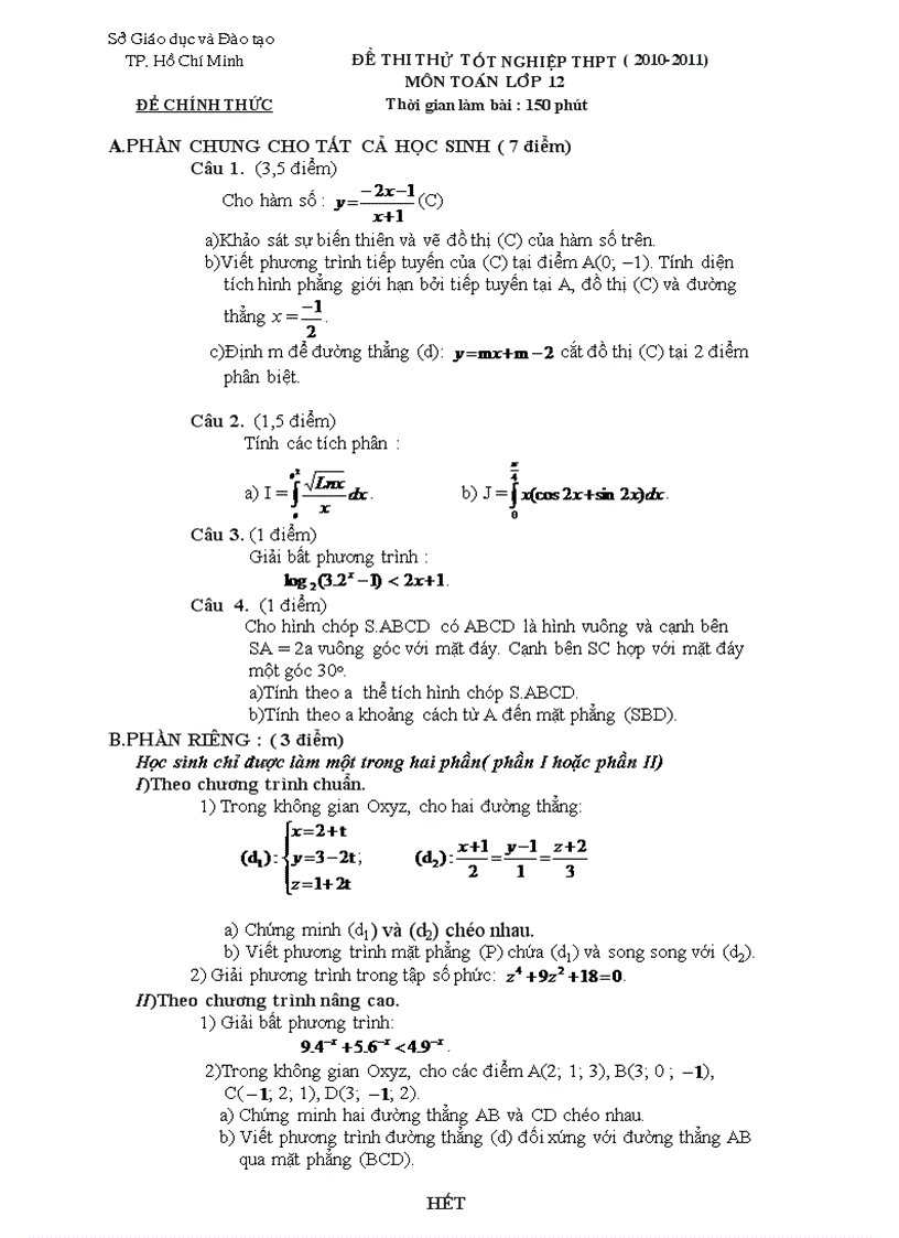 Đáp án đề thi thử môn toán 2010 2011