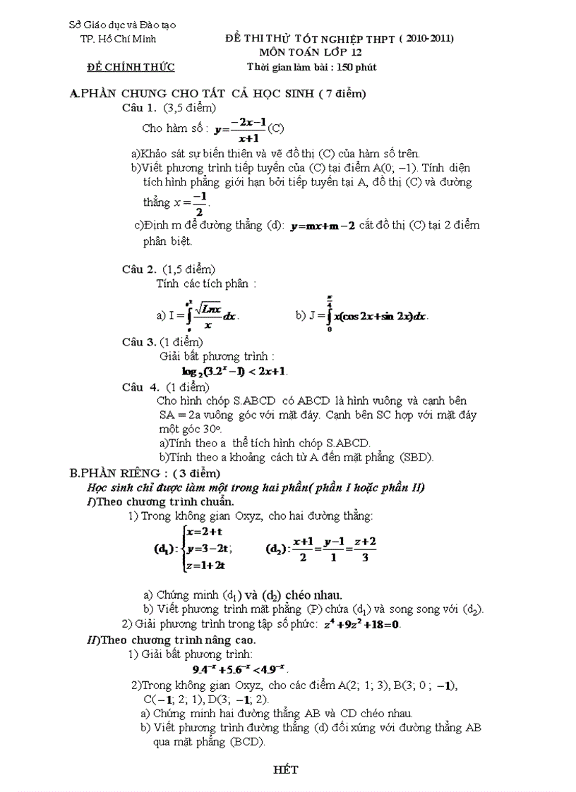 Đáp án đề thi thử môn toán 2010 2011 1
