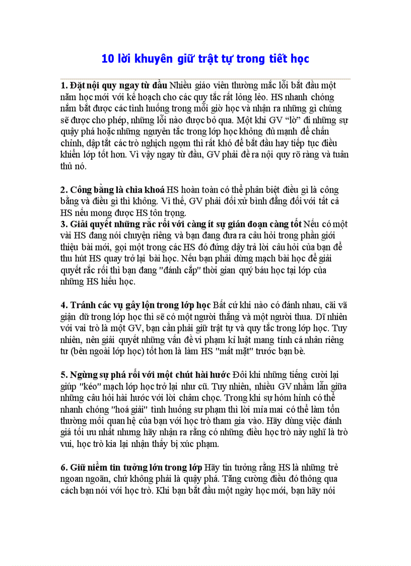 10 lời khuyên để giữ trật tự trong 1 tiết dạy