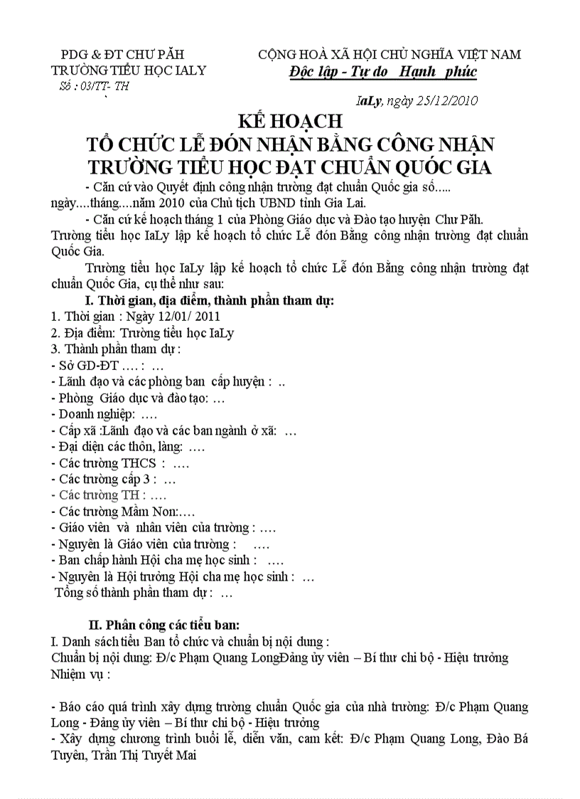 Kế hoạch tổ chức lễ đón nhận bằng công nhận trường tiểu học đạt chuẩn quóc gia