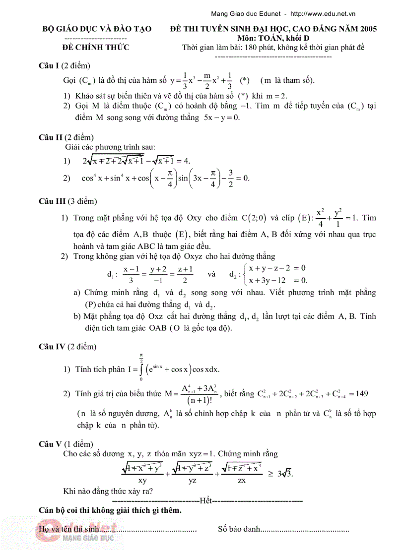 Đáp An Đề Thi Toán K D 2005