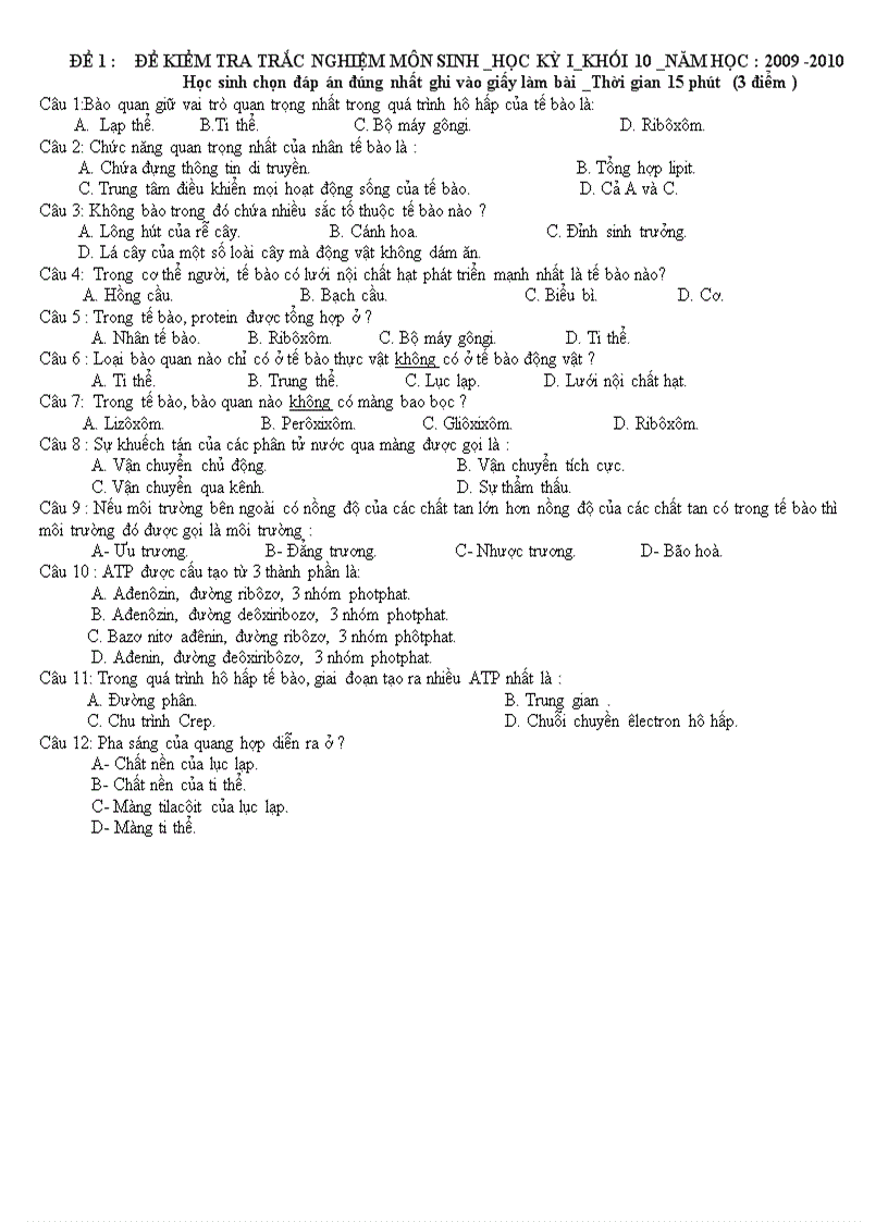 Đề kiểm tra sinh học học kì 1