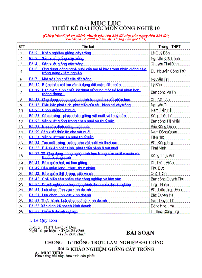 Giáo án công nghệ 10 trọn bộ 1