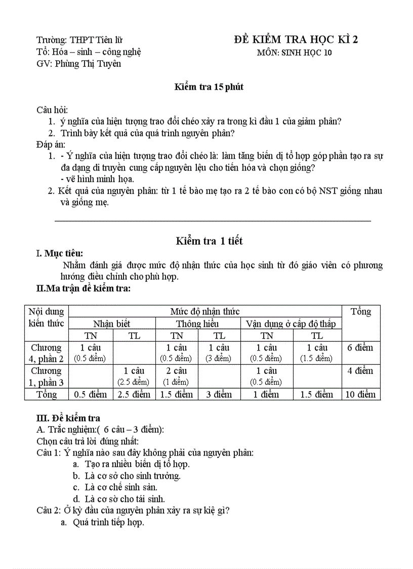 Ma trận kiểm tra hk2