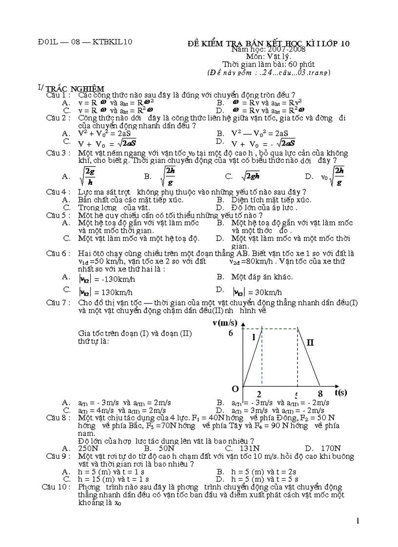 Đề KTBKI ĐA Vật lí 10