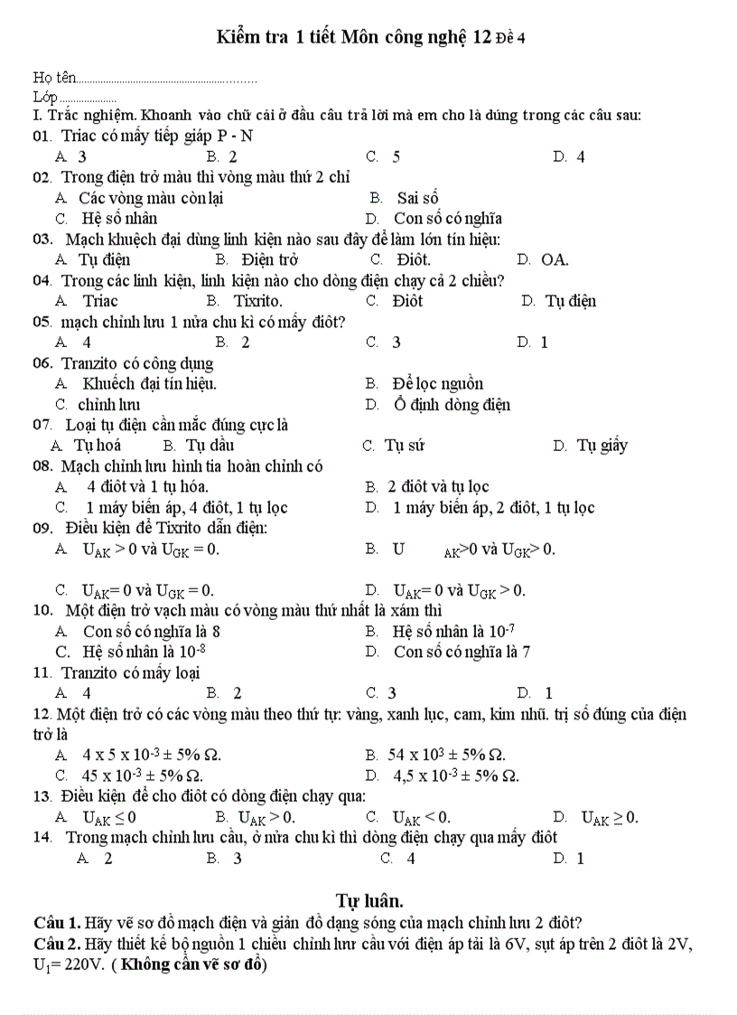 Đề kiểm tra 1 tiết môn công nghệ 12