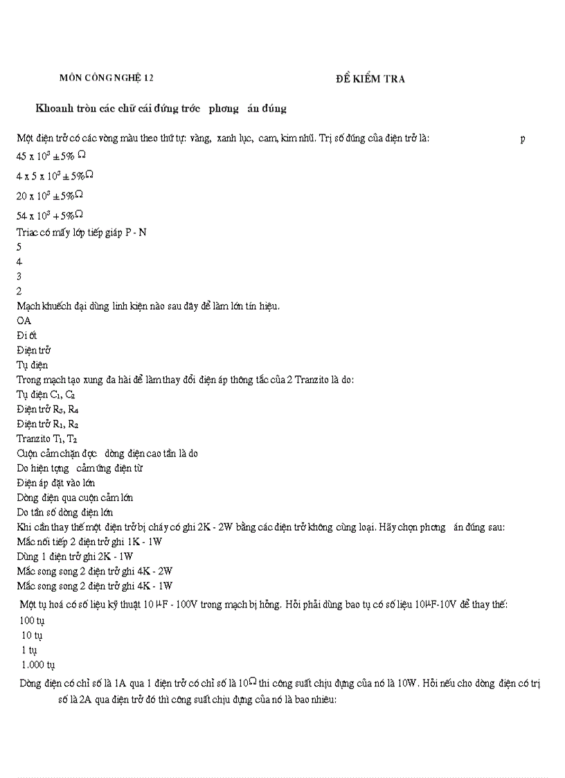 100 Câu hỏi trắc nghiệm Công Nghệ 12