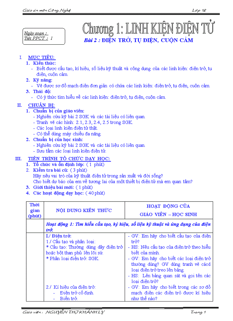 Giáo án Công Nghệ 12 cả năm