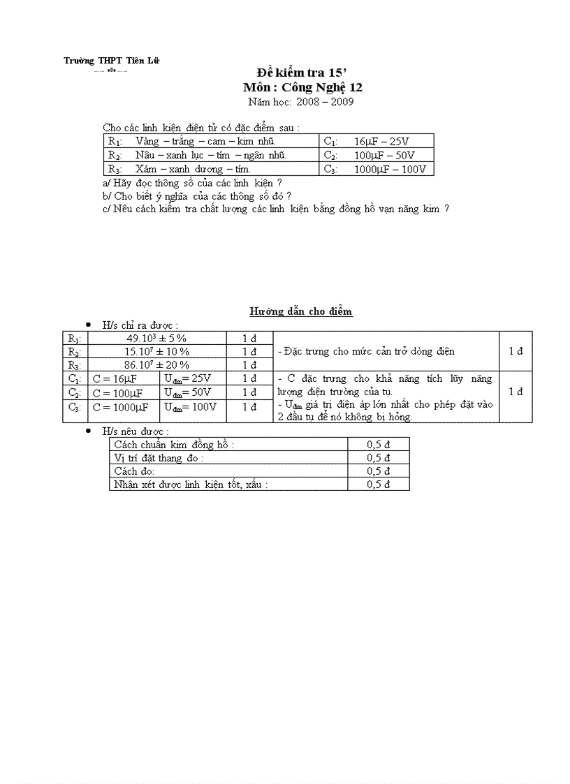 Đề Kiểm tra công nghệ 45 phút kì 2 2009