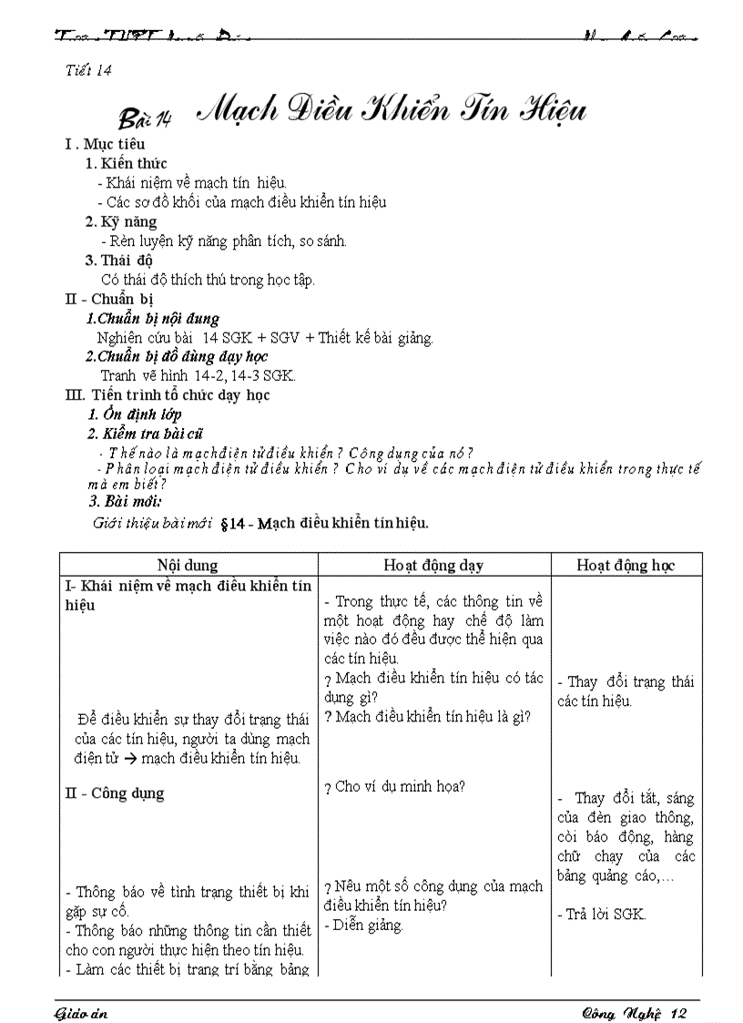 Giáo án CN12 Bài 14 16