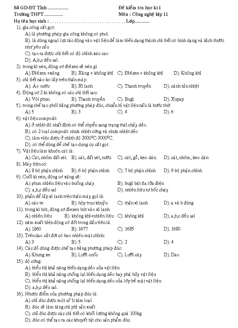 Đề kiểm tra học kì 1 môn công nghệ