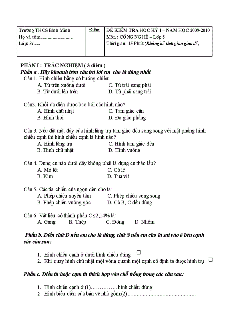Đề thi CN 8 HKI 09 10