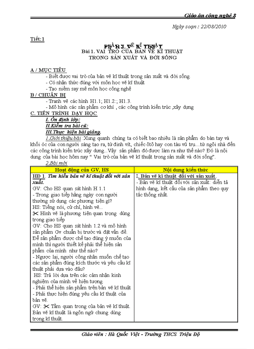 Giáo án công nghệ 8 năm học 2010 2011
