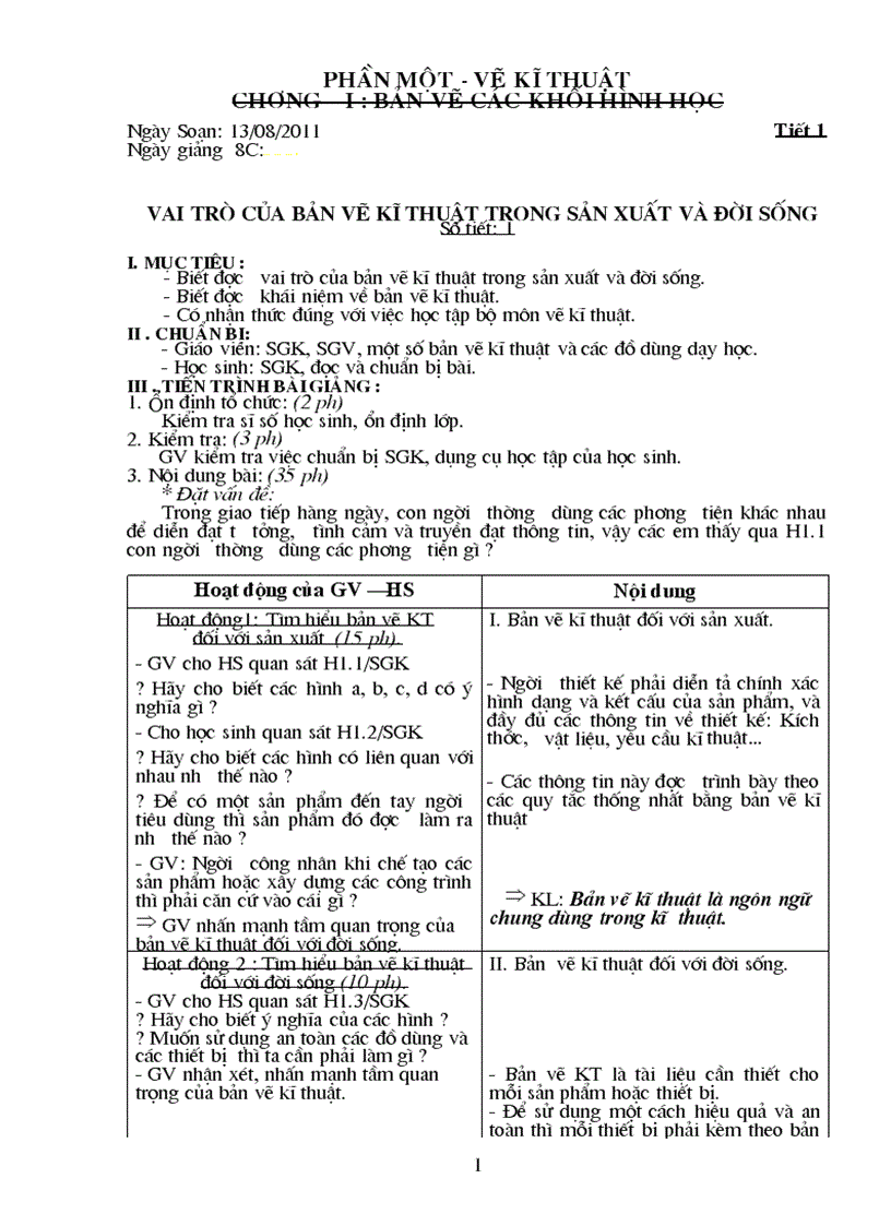 Giáo án Công Nghệ 8 Chuẩn KT