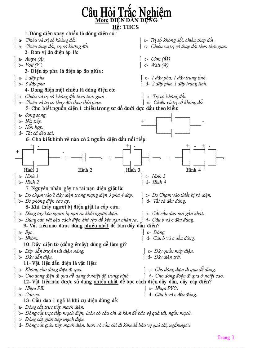 Câu hỏi trắc nghiệm nghề điện dân dụng