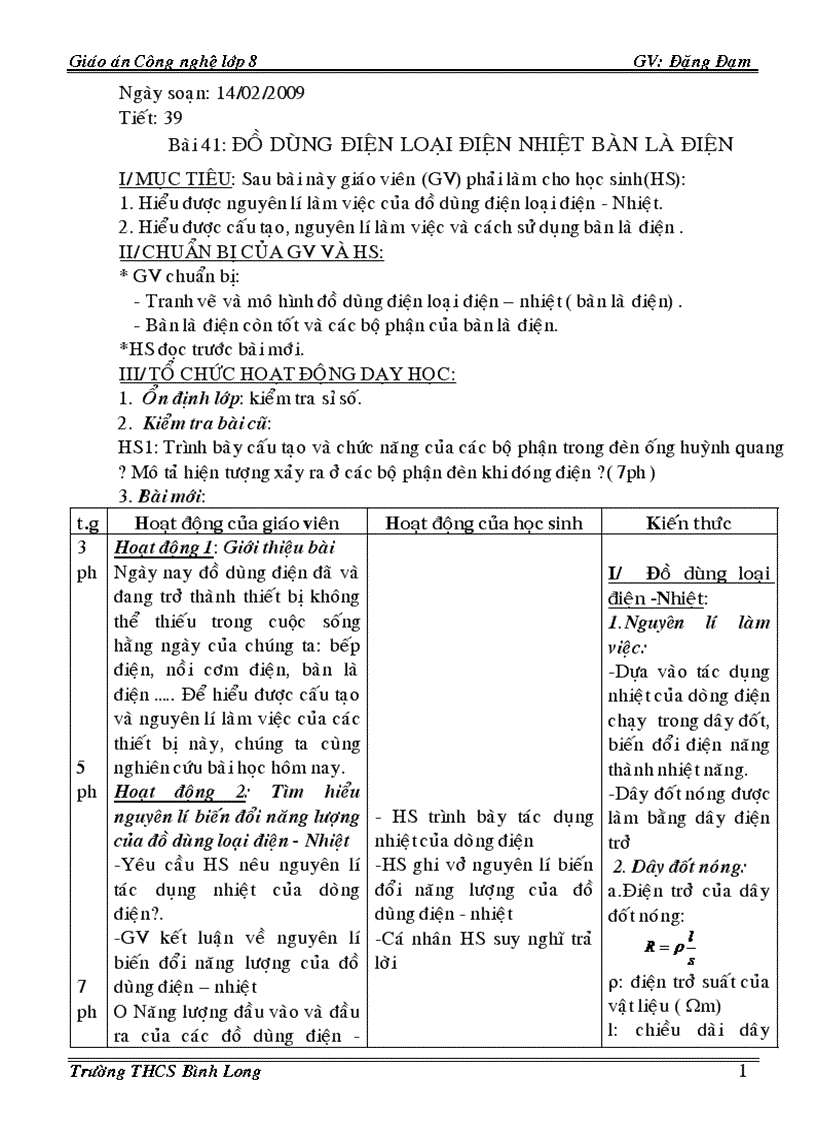 Giáo án công nghệ 8 3 cột Phần điện 08 09