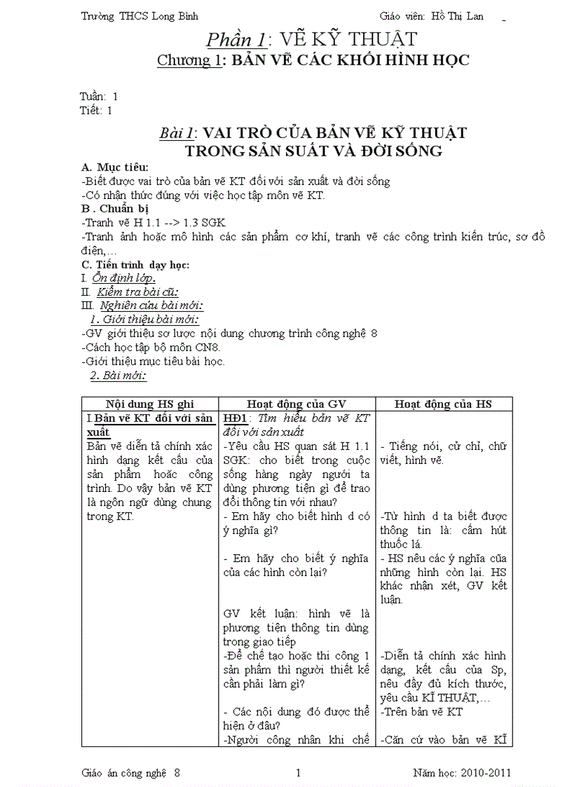 Giáo án công nghệ 8 chuẩn KTKN Năm 2011