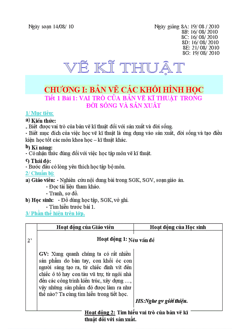 Giáo án công nghệ 8 học kì I